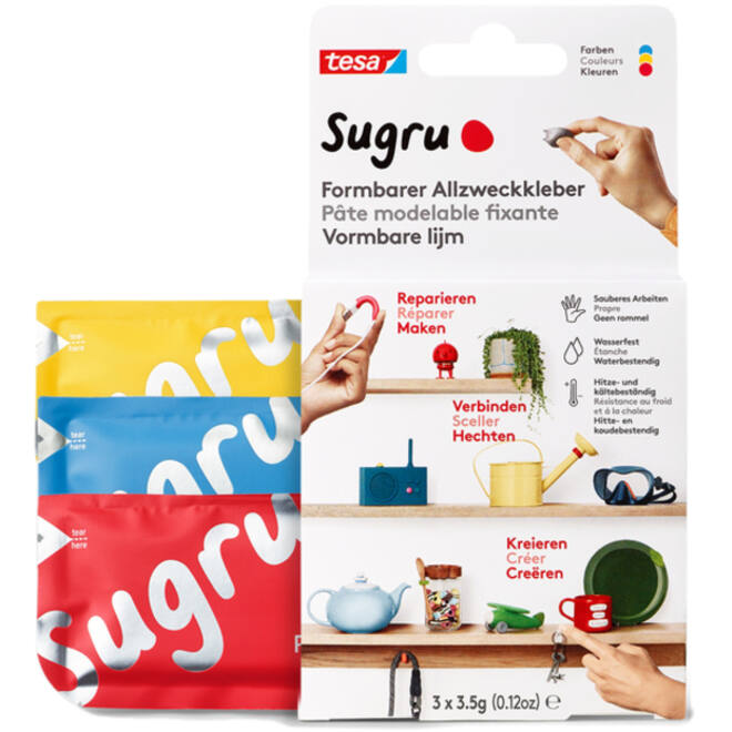 Kneedbare hobbylijm Sugru by tesa® sterke alleslijm 3 pakken rood blauw geel