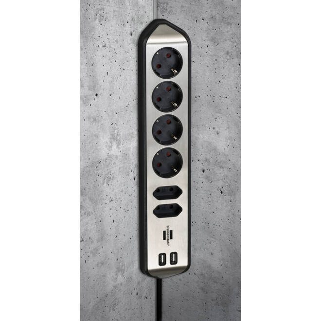 Stekkerdoos Brennenstuhl bureau Estilo 6 voudig inclusief 2 USB 2 meter zwart/zilver