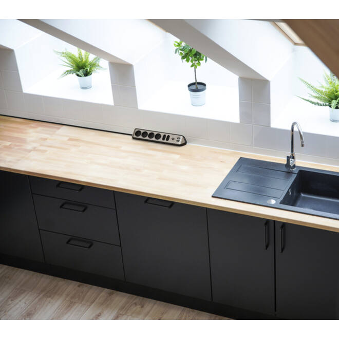 Stekkerdoos Brennenstuhl bureau Estilo 6 voudig inclusief 2 USB 2 meter zwart/zilver