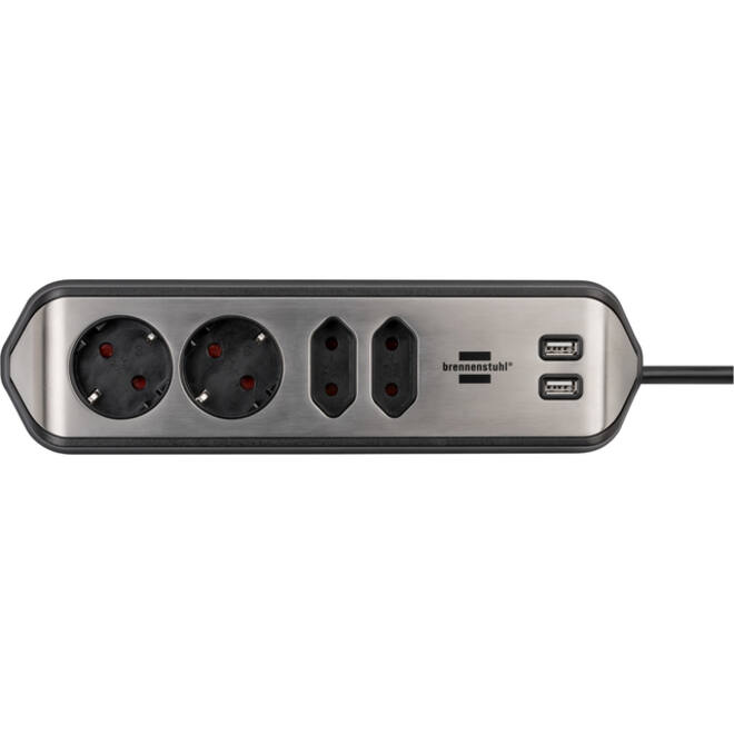 Stekkerdoos Brennenstuhl bureau Estilo 4 voudig inclusief 2 USB 2 meter zwart/zilver