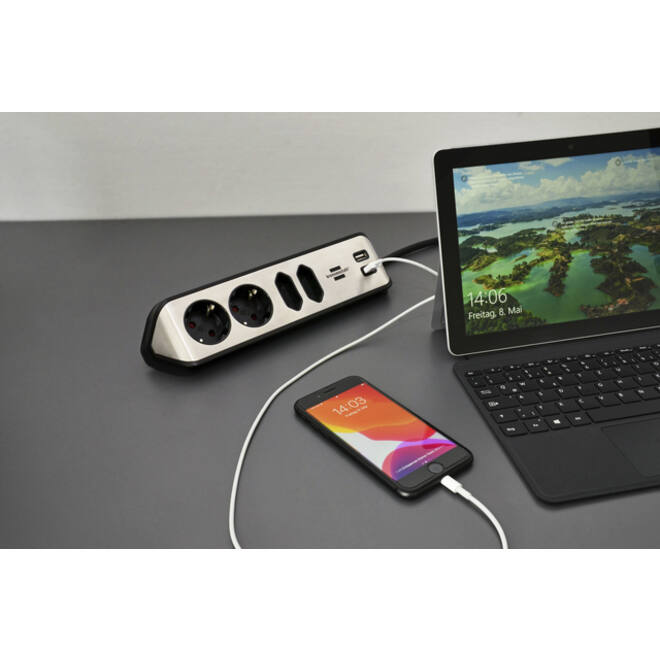 Stekkerdoos Brennenstuhl bureau Estilo 4 voudig inclusief 2 USB 2 meter zwart/zilver
