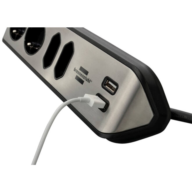 Stekkerdoos Brennenstuhl bureau Estilo 4 voudig inclusief 2 USB 2 meter zwart/zilver