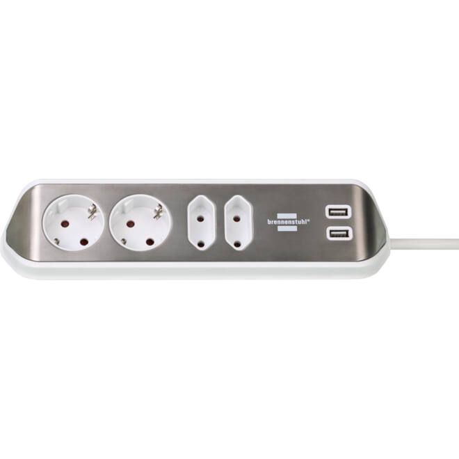 Stekkerdoos Brennenstuhl bureau Estilo 4 voudig inclusief 2 USB 2 meter wit/zilver