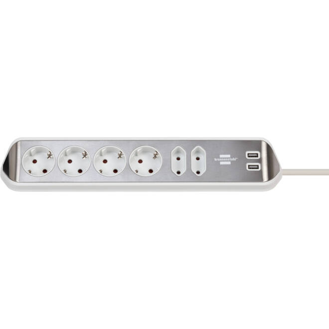 Stekkerdoos Brennenstuhl bureau Estilo 6 voudig inclusief 2 USB 200cm wit/zilver