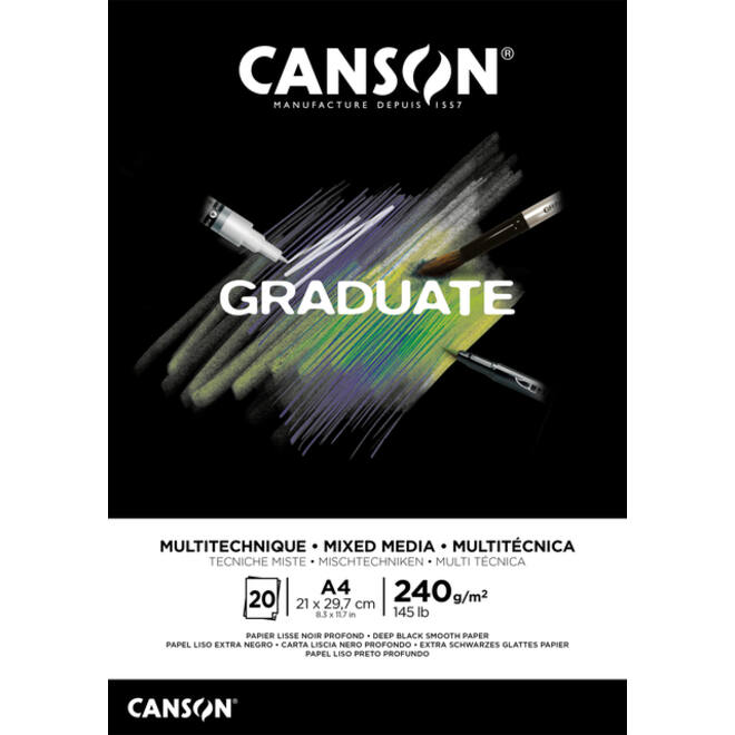 Tekenblok Canson Graduate Mixed Media black paper A4 20vel 240gr