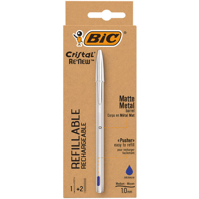 Balpen Bic Cristal Re-new medium blauw blister à 1 balpen + 2 vullingen