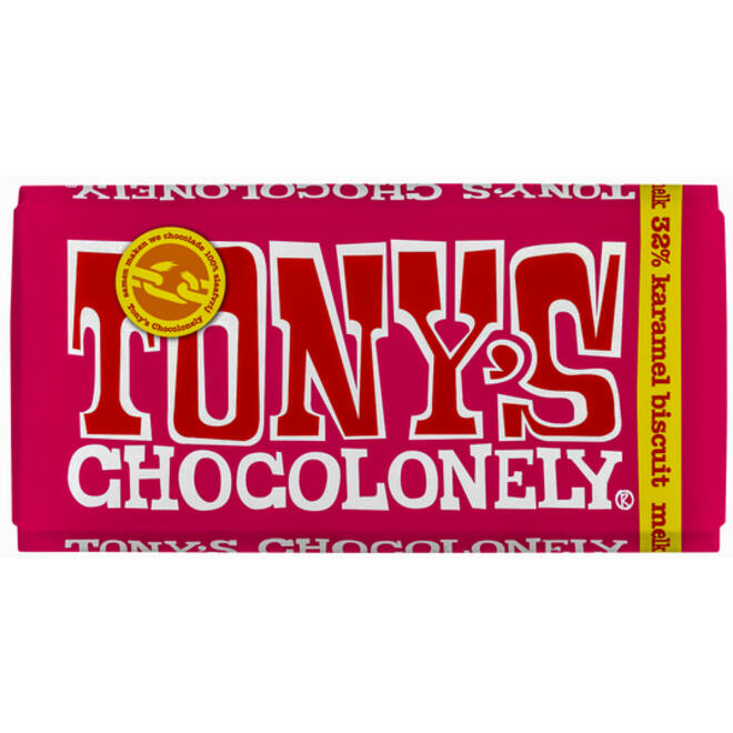 Chocolade Tony's Chocolonely melk karamel biscuit reep 180gr