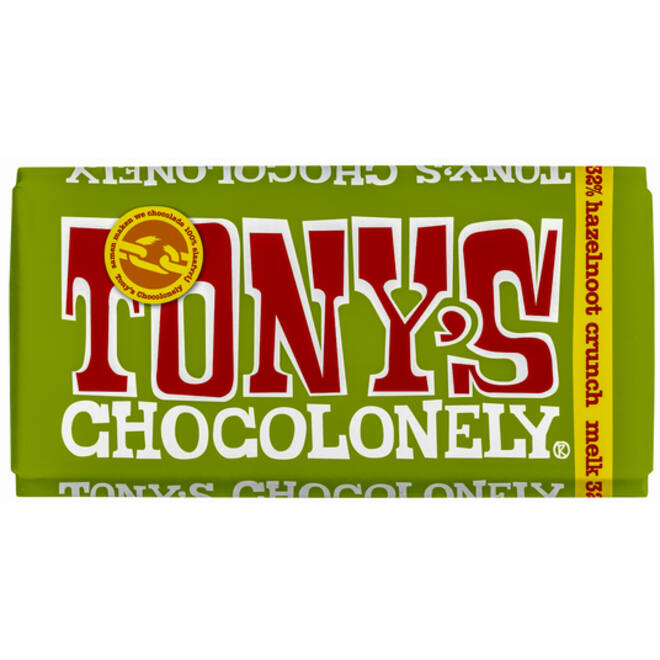 Chocolade Tony's Chocolonely melk hazelnoot crunch reep 180gr