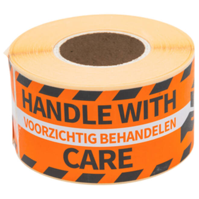 Waarschuwingsetiket Rillprint handle with care 46x125mm oranje
