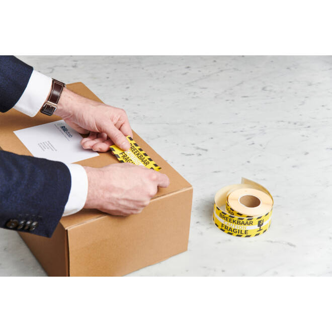 Waarschuwingsetiket Rillprint fragile 46x125mm geel