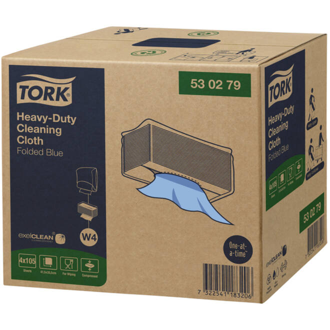 Reinigingsdoek Tork Heavy-Duty W4 gevouwen absorberend 105 vel blauw 530279