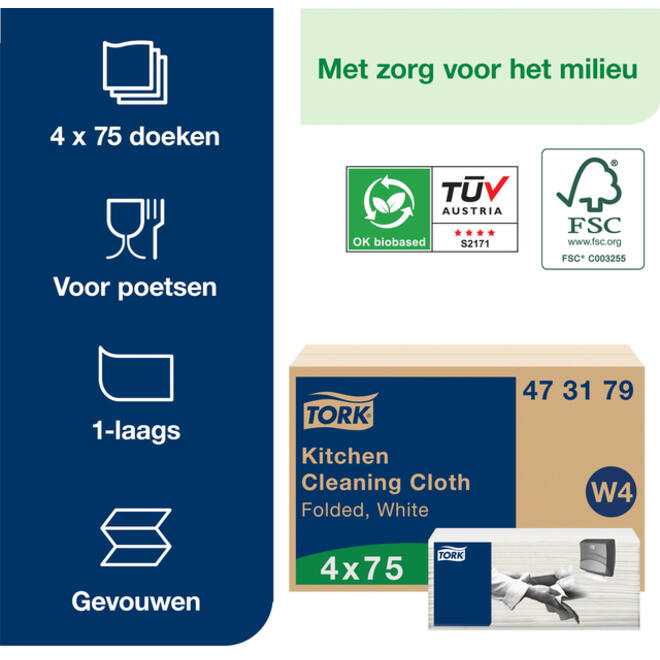 Reinigingsdoek Tork Kitchen Cleaning W4 extra absorberend wit 473179