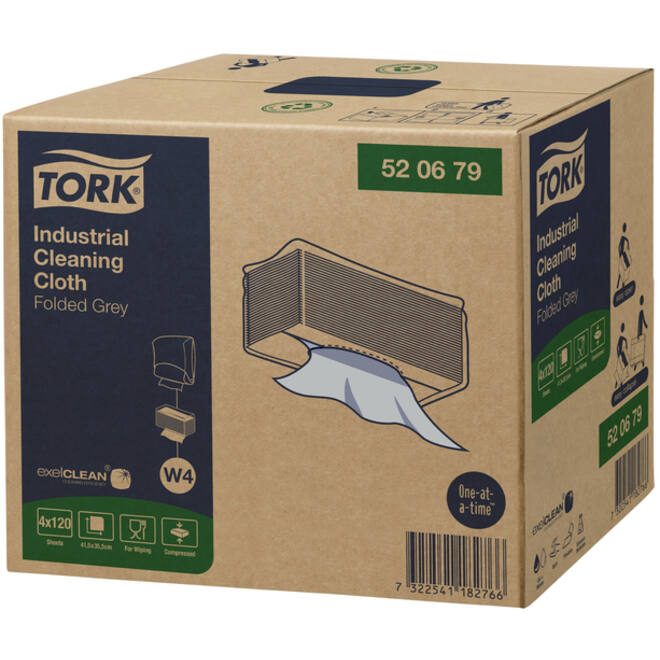 Reinigingsdoek Tork Industrial W4 gevouwen flexibel en zacht 120 vel grijs 520679
