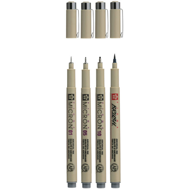 Fineliner Sakura Pigma Micron koelgrijs set 4 maten