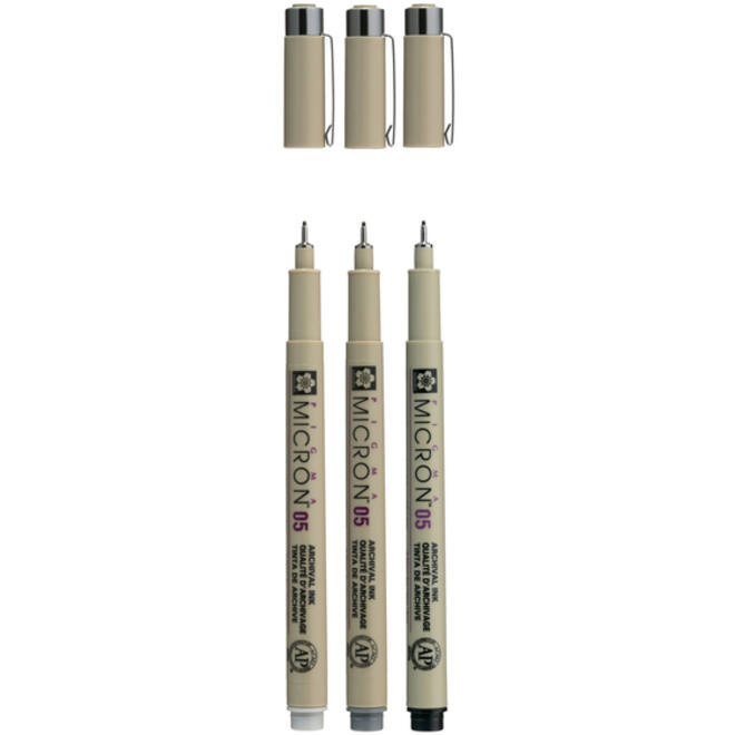 Fineliner Sakura Pigma Micron 05 set zwart & grijs 3 maten