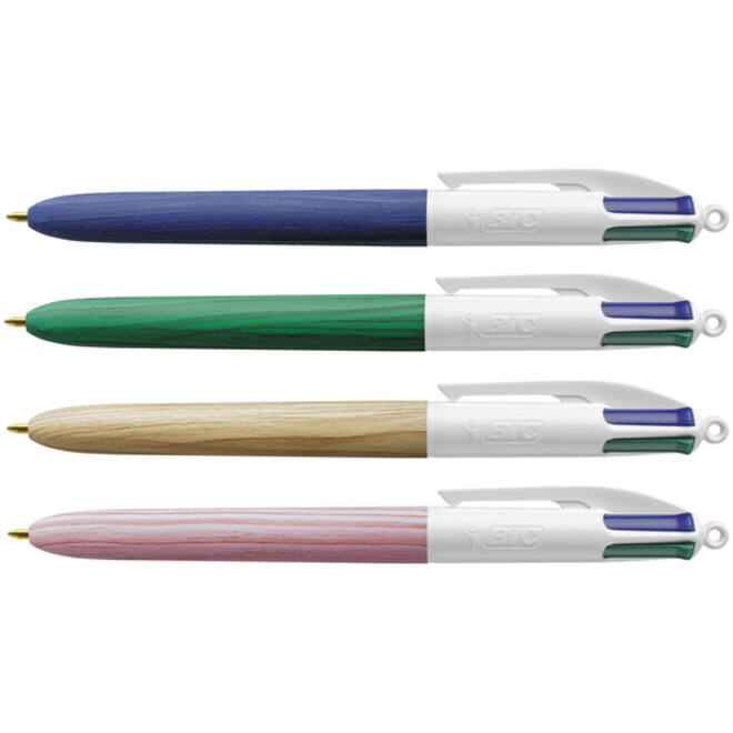 Balpen Bic 4 kleuren wood medium assorti