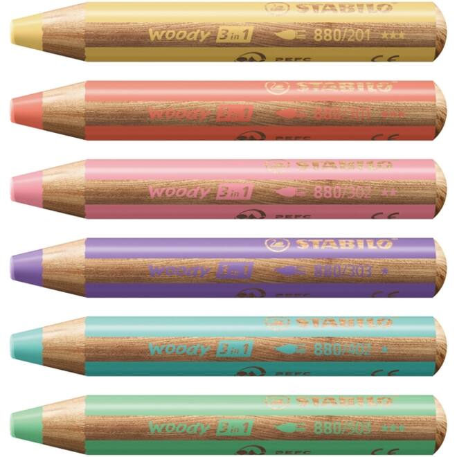 Kleurpotloden STABILO 880 woody inclusief puntenslijper pastel assorti etui à 6 stuks