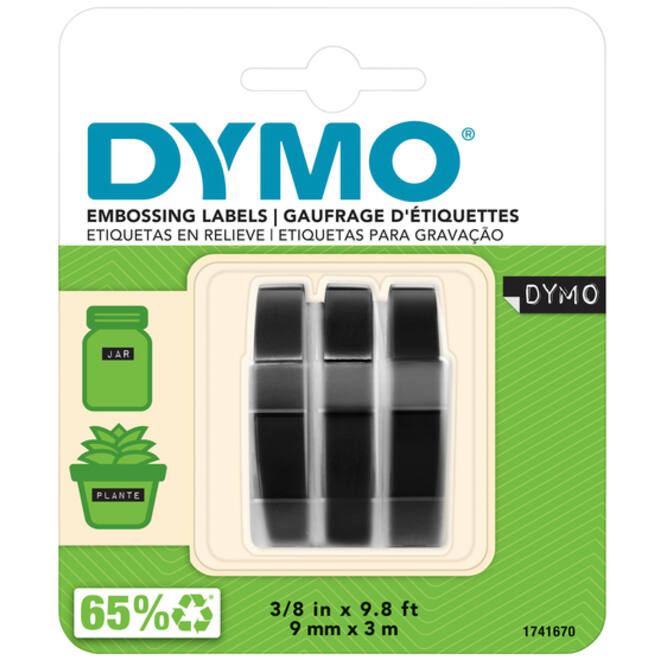 Reliëftape Dymo embossing plastic 9mm zwart op wit