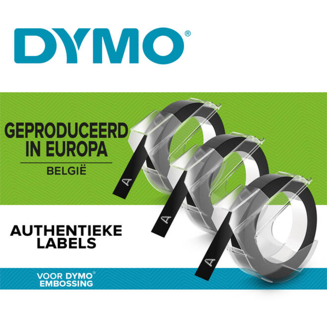 Reliëftape Dymo embossing plastic 9mm zwart op wit