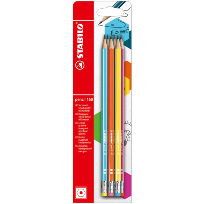 Potlood STABILO grafiet 160 HB met gumtop assorti blister à 6 stuks