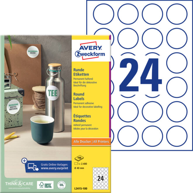 Etiket Avery Zweckform L3415 rond 40mm wit