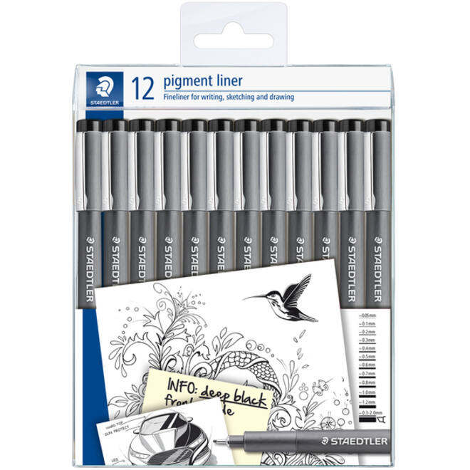 Fineliner Staedtler Pigment 308 zwart set à 12 breedtes