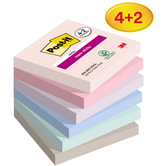 Memoblok Post-it 654 Super Sticky 76x76mm 4+2 gratis Soulful