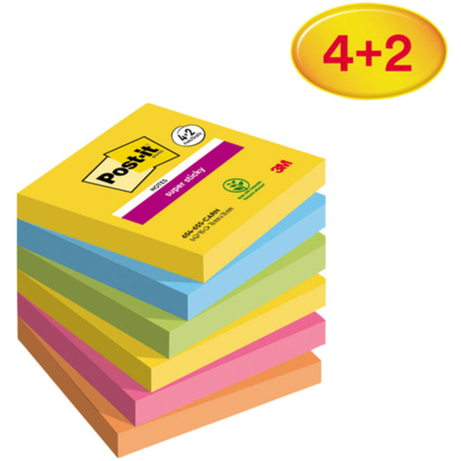 Memoblok Post-it 654 Super Sticky 76x76mm 4+2 gratis Carnival