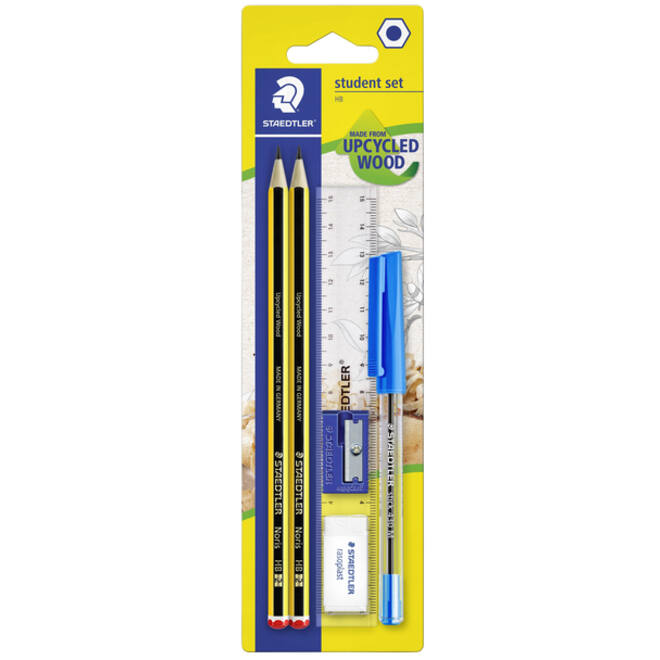 Schrijfset Staedtler inhoud 2 Noris potloden HB en balpen gum slijper en liniaal