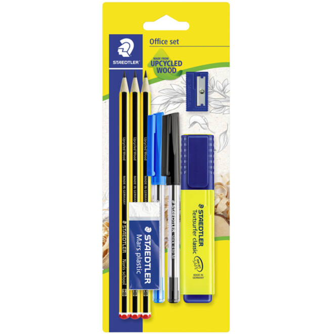 Schrijfset Staedtler inhoud 3 Noris potloden HB - 2 balpennen, markeerstift, gum en slijper