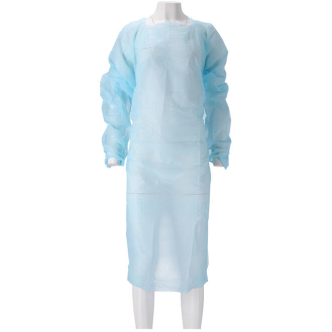 Schort CMT 115x105cm 30mu geruwd lange mouw CPE blauw