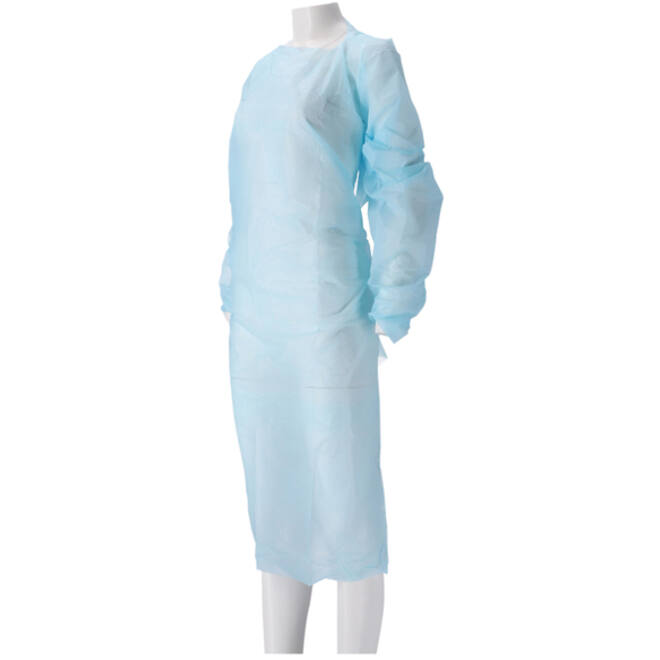 Schort CMT 115x105cm 30mu geruwd lange mouw CPE blauw