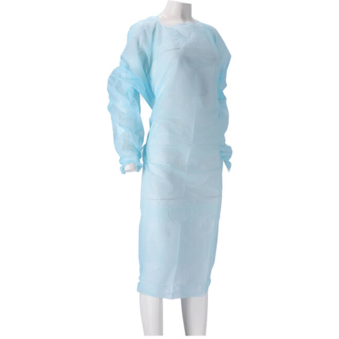 Schort CMT 115x105cm 30mu geruwd lange mouw CPE blauw
