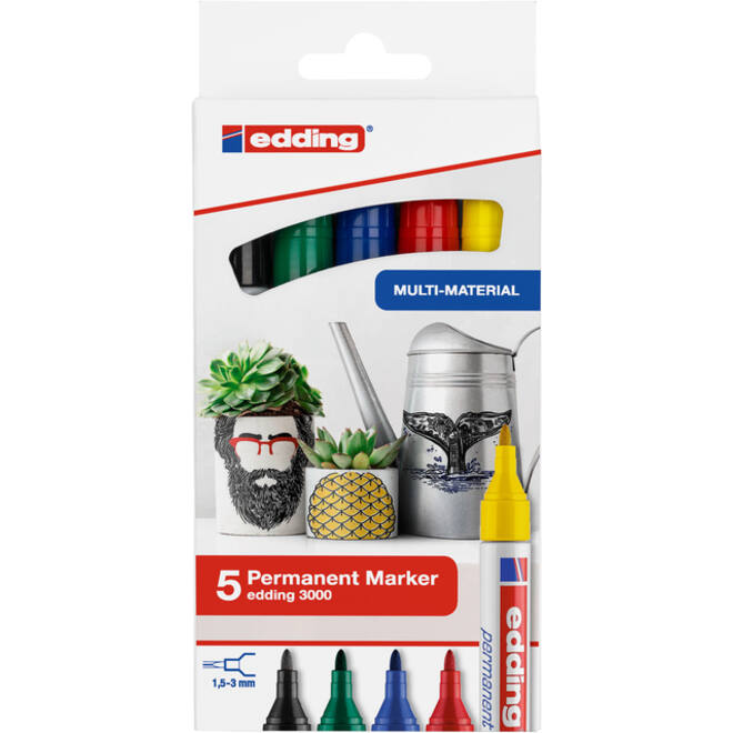 Viltstift edding 3000 rond 1.5-3mm set à 5 basiskleuren