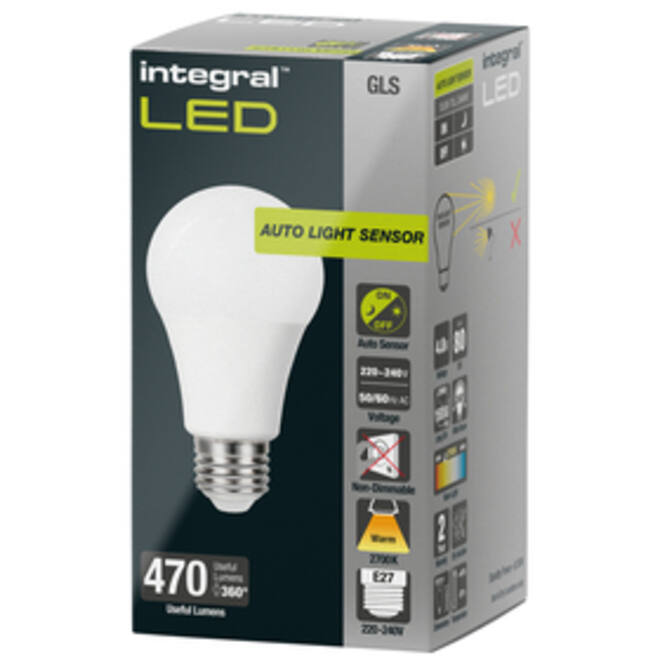 Ledlamp Integral E27 2700K warm wit 4.8W 470lumen dag/nacht sensor