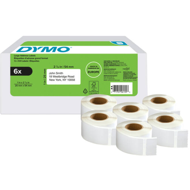 Etiket Dymo LabelWriter adressering 25x54mm 6 rollen á 500 stuks wit