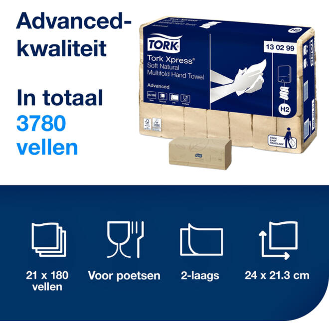 Handdoek Tork Xpress Soft Multifold Advanced H2 213x240mm 180 vel Natural 130299