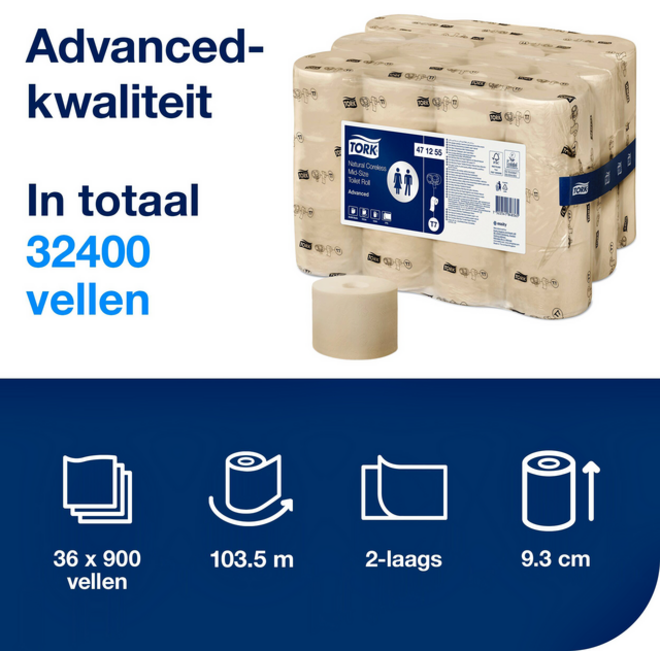 Toiletpapier Tork T7 hulsloos Natural Advanced midsize 2-laags 900vel 472155