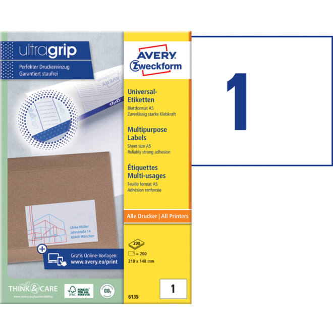 Etiket Avery Zweckform 6135 210x148mm wit 200stuks