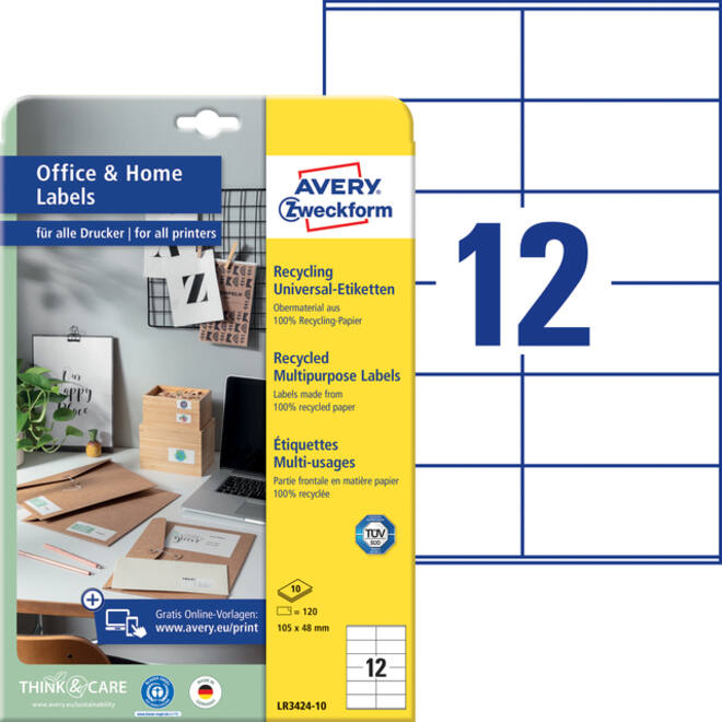 Etiket Avery Zweckform LR3424-10 105x48mm recycled wit 120stuks