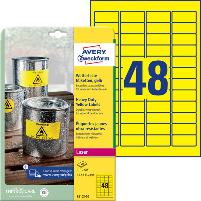 Etiket Avery Zweckform L6103-20 45.7x21.2mm geel 960stuks