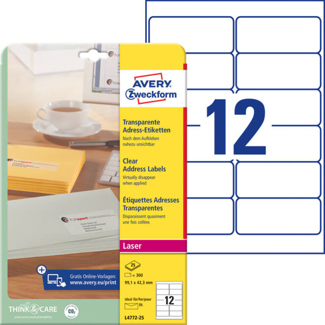 Etiket Avery Zweckform L4772-25 99.1x42.3 mm transparant mat 300stuks