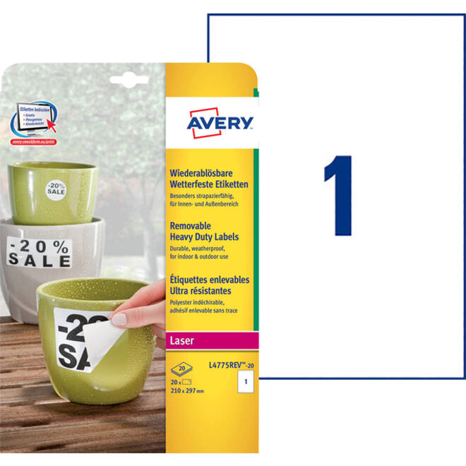 Etiket Avery L4775REV-20 210x297mm wit 20stuks