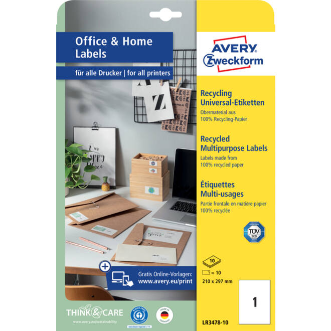 Etiket Avery Zweckform LR3478-10 210x297mm recycled wit 10stuks