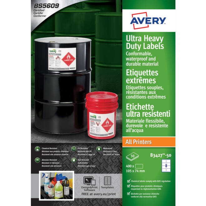 Etiket Avery B3427-50 105x74mm polyethyleen wit 400stuks