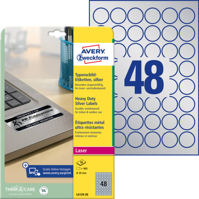 Etiket Avery Zweckform L6129-20 rond 30mm zilver 960stuks