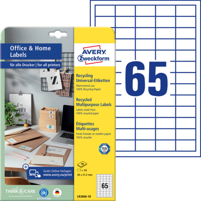 Etiket Avery Zweckform LR3666-10 38x21.2mm recycled wit 650stuks