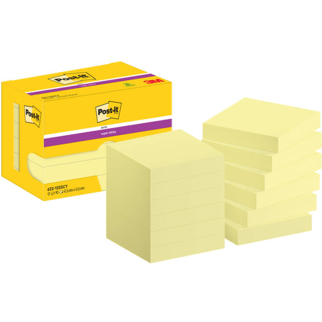 Memoblok Post-it 622 Super Sticky 47,6x47,6mm geel