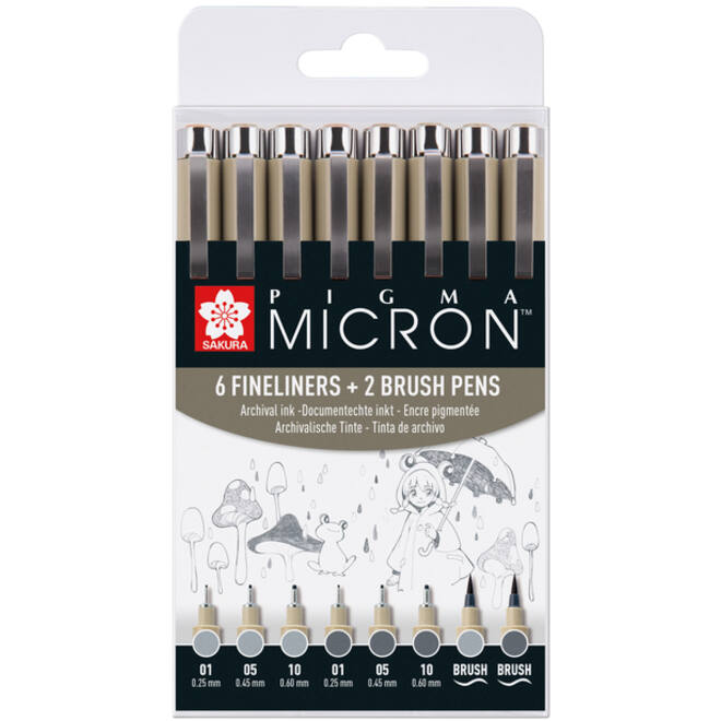 Fineliner en brushpen Sakura Pigma Micron koudgrijs set à 8 stuks assorti