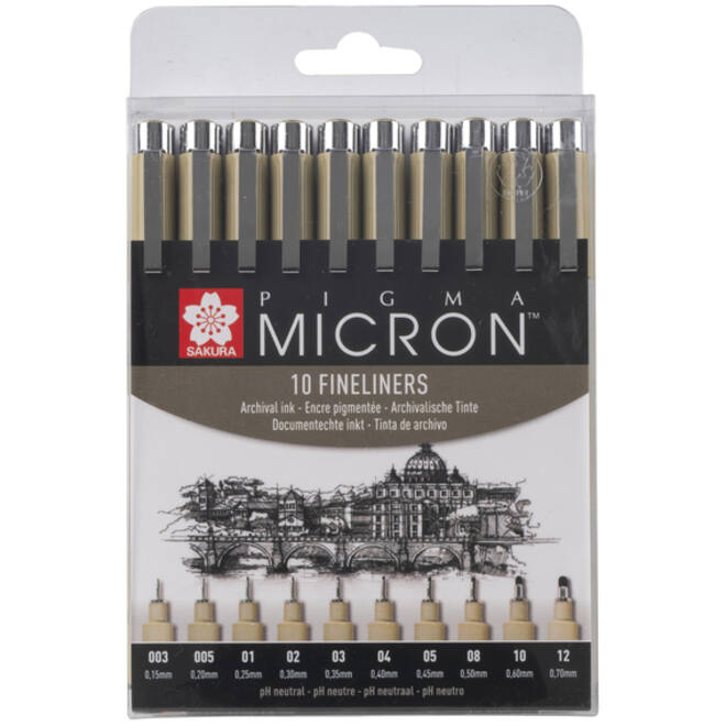 Fineliner Sakura Pigma Micron set à 10 schrijfbreedtes zwart
